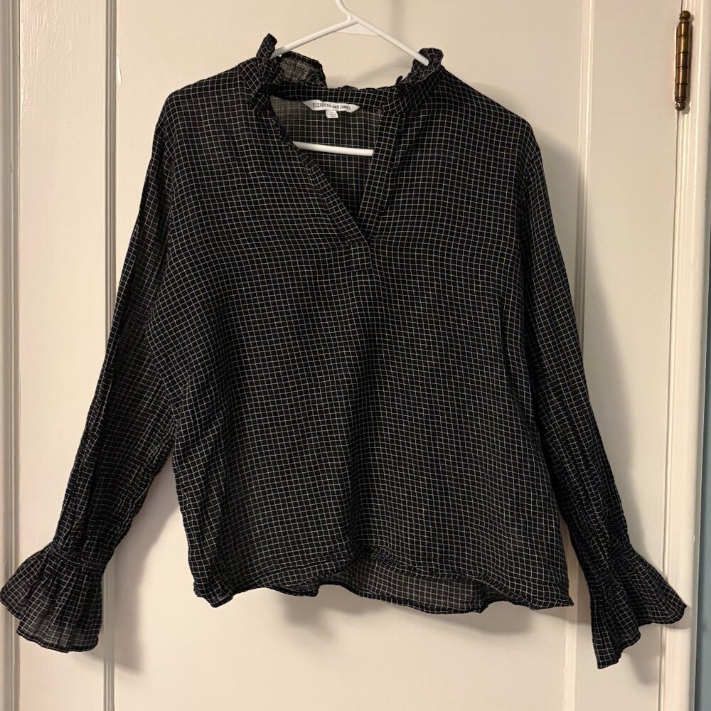 Elizabeth and James black grid ruffle blouse size large plaid flare sleeve